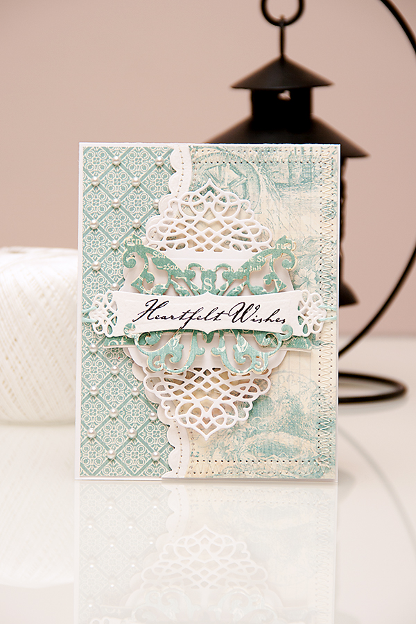 A "Heartfelt Wishes" card using dies from #Spellbinders and papers from #Graphic45 #BotanicalTea Collections. Spellbinders dies used: A2 Tranquil Moments S5-216, Curved Borders Two S5-201, Ribbon Banners S4-324, Outrageous Butterfly S2-069.   Please visit my blog at http://www.yanasmakula.com/?p=43765 for more photos and video tutorial. 