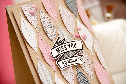 Yana Smakula | Card a Month: Miss You So Much using #Spellbinders feather die, Pen Pals papers from Pink Paislee and stamps from Hero Arts & Studio Calico