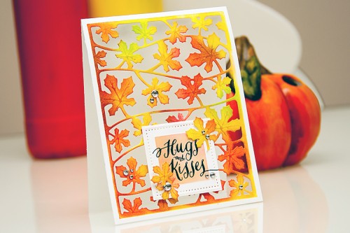 Yana Smakula | Inspired by Pinterest Fall Hugs & Kisses Card with inked background and a window using dies from Spellbinders and stamps from WPlus9. For more cardmaking ideas and video tutorials please visit http://www.yanasmakula.com/?lang=en 