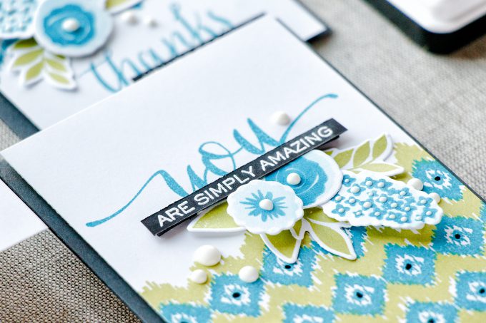 WPlus9 | A Background Study: Ikat. Floral Thank You cards by Yana Smakula using WPlus9 Borders & Backgrounds 1 Stamps, Fresh Cut Flowers Stamps and Hand Lettered Thanks Stamps 