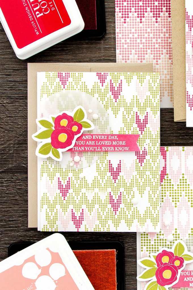 WPlus9 | A Background Study (Take Two): Chevron. Stamped feminine cards by Yana Smakula using WPlus9 Borders & Backgrounds 4,  Spring Blooms and Strictly Sentiments 4 Stamps