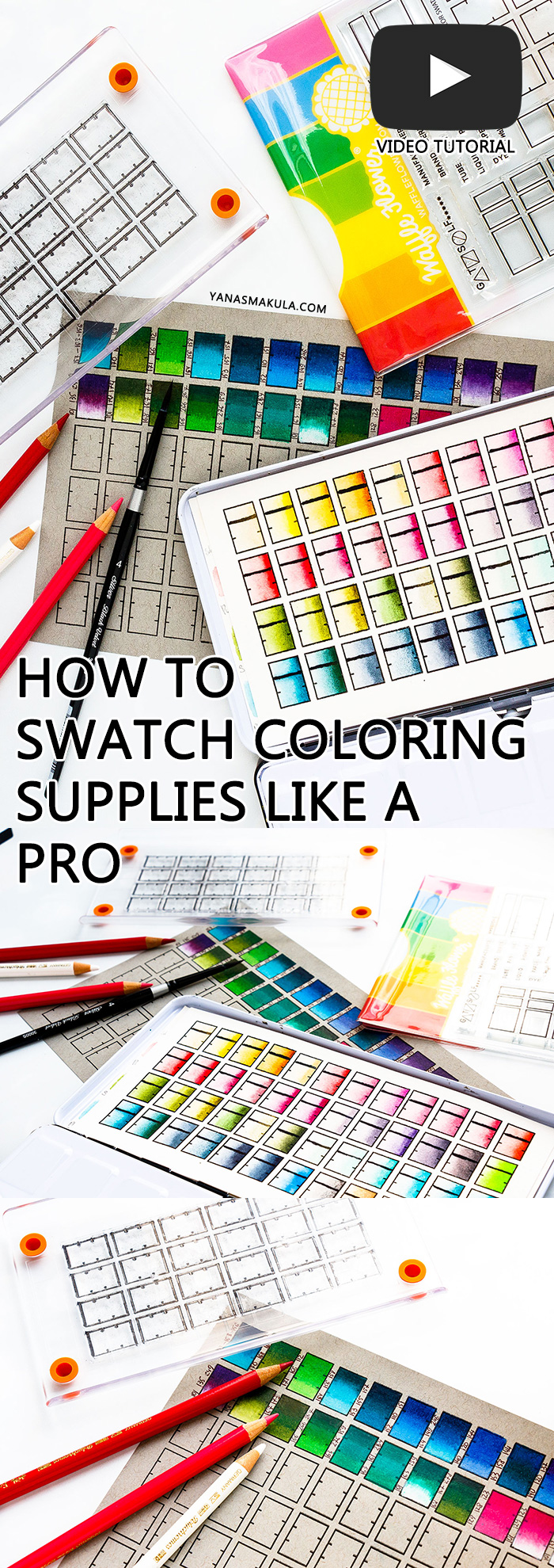 How to Swatch Coloring Mediums like a PRO using Swatching Stamps from Waffle Flower Crafts. Examples show Daniel Smith watercolor swatches and Faber Castell Polychromos Pencils swatches. #colorswatches #howtoswatchwatercolor #howtoswatchcoloredpencils