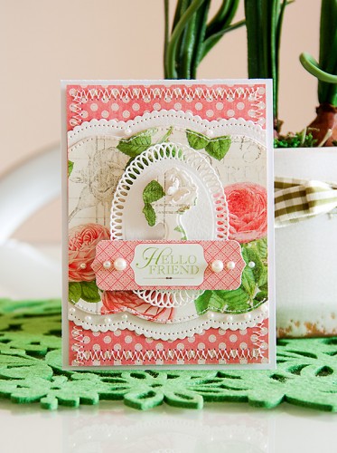 Hello Friend Card using #Spellbinders and #Graphic45 products. Spellbinders dies used: A2 Scalloped Borders One S5-182, Elegant Ovals S4-425, Silhouette IN-010. Graphic 45 products from the Botanical Tea collection.