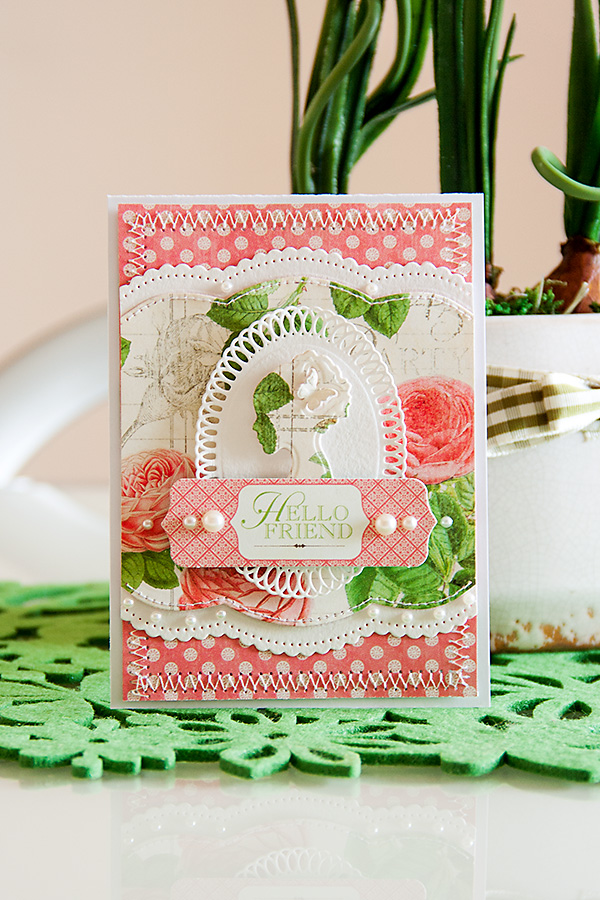 Hello Friend Card using #Spellbinders and #Graphic45 products. Spellbinders dies used: A2 Scalloped Borders One S5-182, Elegant Ovals S4-425, Silhouette IN-010. Graphic 45 products from the Botanical Tea collection. 
