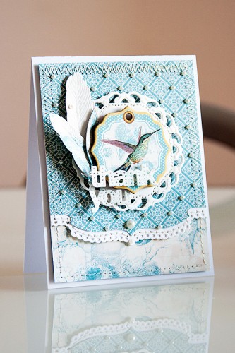 Thank you card using #Spellbinders and #Graphic45 products. Spellbinders dies used: Majestic Circles S4-420, A2 Bracket Borders Two S5-215, Feathers S4-428. Graphic 45 products from the Botanical Tea Collection.