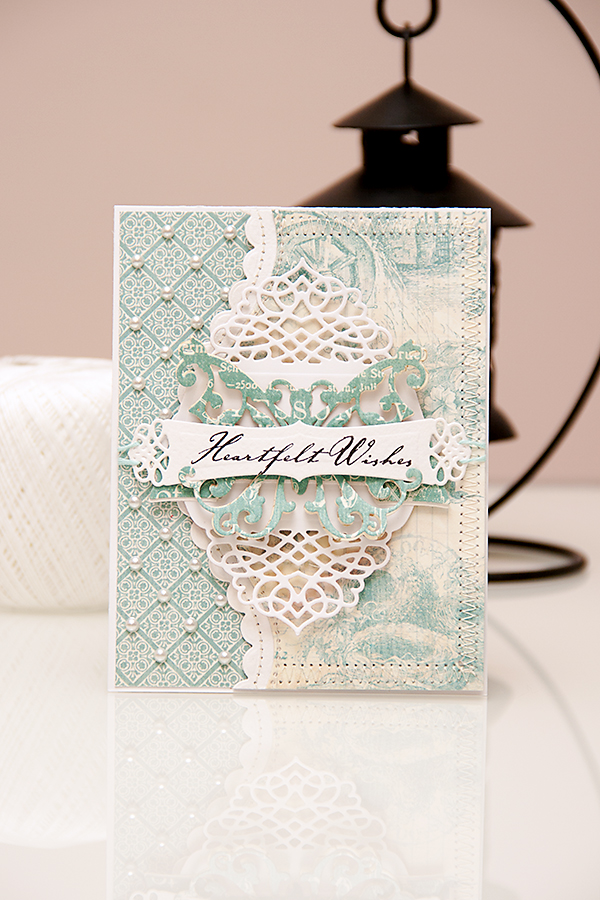 A "Heartfelt Wishes" card using dies from #Spellbinders and papers from #Graphic45 #BotanicalTea Collections. Spellbinders dies used: A2 Tranquil Moments S5-216, Curved Borders Two S5-201, Ribbon Banners S4-324, Outrageous Butterfly S2-069. Please visit my blog at https://www.yanasmakula.com/?p=43765 for more photos and video tutorial. 