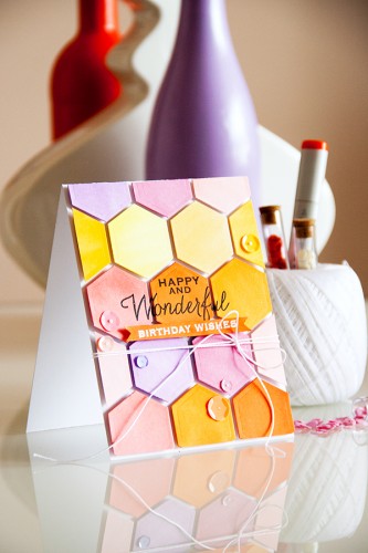 Yana Smakula | Colorful Hexagon Card using Spellbinders #Hexagon die and Hero Arts Birthday Stamps