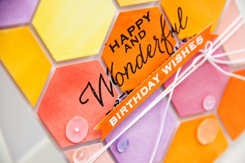 Yana Smakula | Colorful Hexagon Card using Spellbinders #Hexagon die and Hero Arts Birthday Stamps