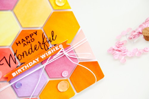 Yana Smakula | Colorful Hexagon Card using Spellbinders #Hexagon die and Hero Arts Birthday Stamps
