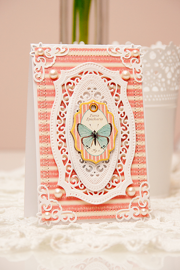 Yana Smakula #Spellbinders Card using the following dies: 5 x 7 Matting Basics B S6-002, Majestic Labels Twenty-Five S5-189, Radiant Rectangles S5-161, Lace Hearts S5-204