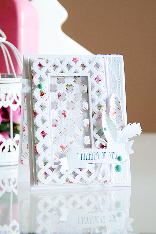 Yana Smakula | Spellbinders and First Edition Thinking of You Card. Dies used: Ribbon Banners S4-324, Feathers S4-428, Fanciful Lattice S6-007, CrissCross S5-197, 5 x 7 Matting Basics B S6-002