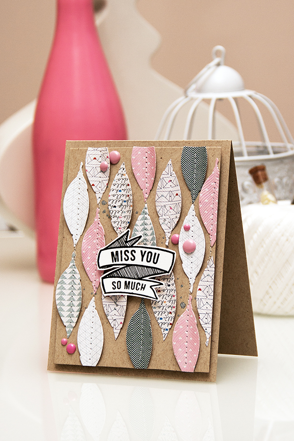 Yana Smakula | Card a Month: Miss You So Much using #Spellbinders feather die, Pen Pals papers from Pink Paislee and stamps from Hero Arts & Studio Calico