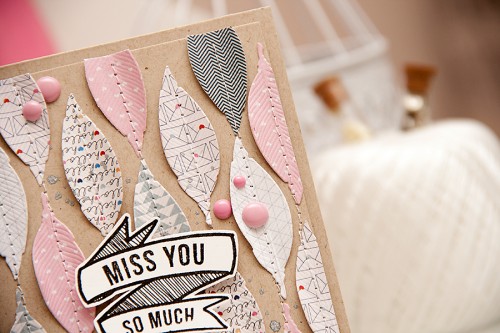Yana Smakula | Card a Month: Miss You So Much using #Spellbinders feather die, Pen Pals papers from Pink Paislee and stamps from Hero Arts & Studio Calico