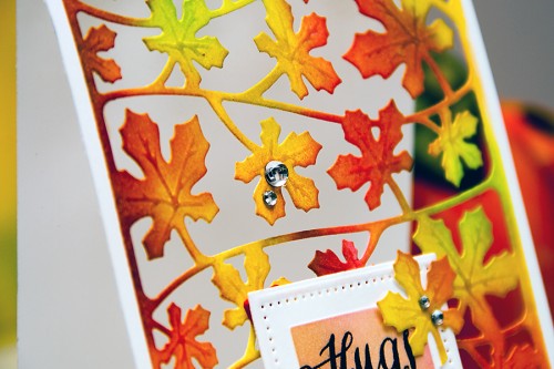 Yana Smakula | Inspired by Pinterest Fall Hugs & Kisses Card with inked background and a window using dies from Spellbinders and stamps from WPlus9. For more cardmaking ideas and video tutorials please visit https://www.yanasmakula.com/?lang=en 