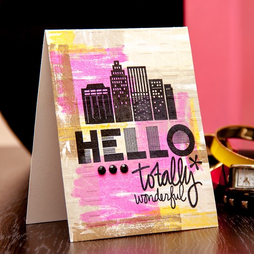 Yana Smakula | Hero Arts Hello Totally Wonderful Card #basicgrey #heroarts #cityscape #stamping #brushstrokes For more cardmaking ideas and video tutorials please visit http://www.zrobysama.com.ua/?lang=en