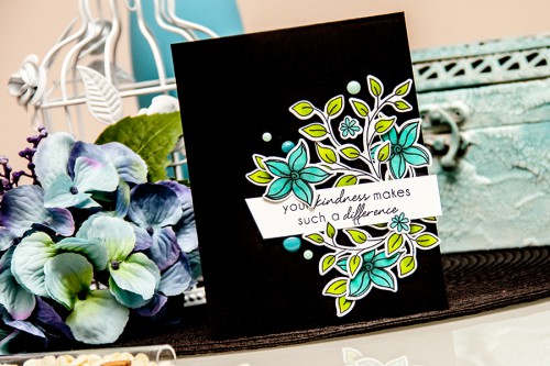 Yana Smakula | Altenew Your Kindness black and teal card #altenew #stamping #doodleblooms