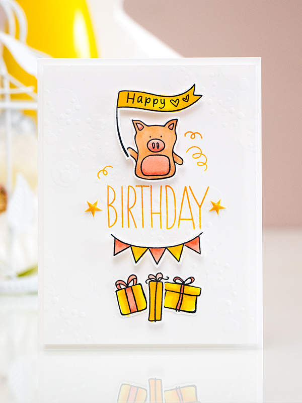 Yana Smakula. Happy Birthday Piggy Card. Dry embossed bokeh using stencils. Video