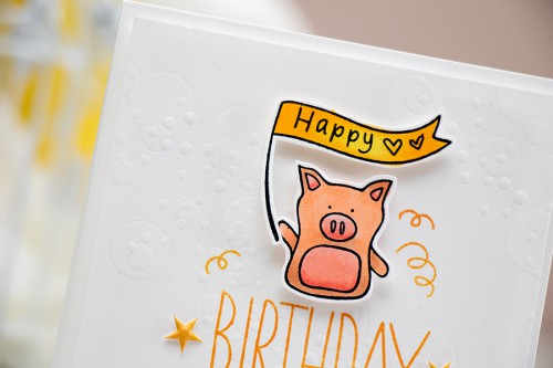 Yana Smakula. Happy Birthday Piggy Card. Dry embossed bokeh using stencils. Video