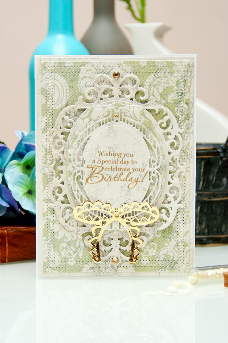 Yana Smakula | Spellbinders Birthday Card  5 x 7 Matting Basics A S6-001, 5 x 7 Matting Basics B S6-002, Fleur de Elegance S4-475, Labels Thirty Six S4-418, Bow Couture S4-449