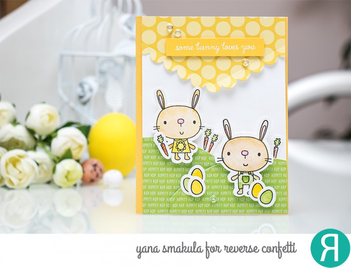 Reverse Confetti | Some Bunny Loves You Card by Yana Smakula. Easter Scene stamping and die cutting