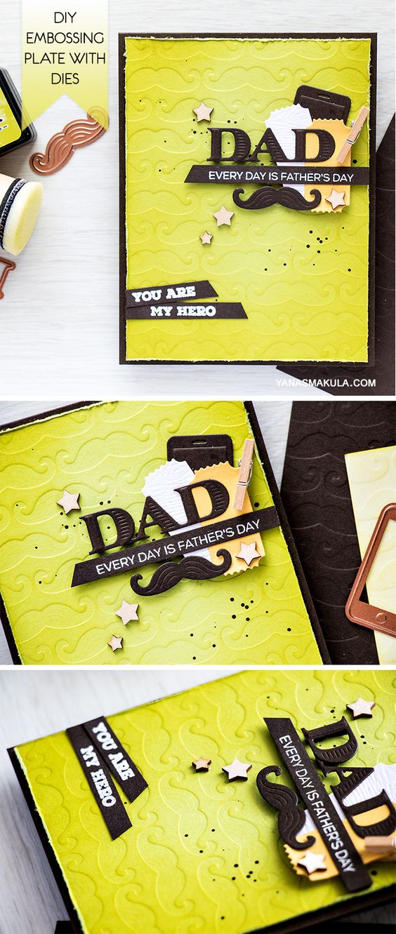 Create a unique Father's Day card using Spellbinders dies. Learn how to make a DIY embossing plate with the help of dies, cardstock and adhesive. I love using dies to create my own unique embossing plates. Its a bit time consuming, but so worth it in the end! After die cutting a bunch of mustaches out of thick cardstock.... Video and details here: https://www.yanasmakula.com/?p=53918