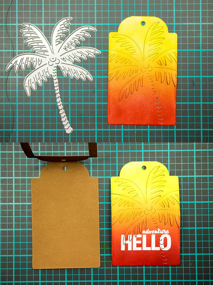 Hero Arts | My Monthly Hero June Blog Hop. Travel Tag - First die cut the palm tree, than heat emboss sentiment