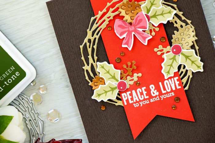 Simple Christmas Wreath Card. Hero Arts September My Monthly Hero Kit - Peace & Love Christmas Card by Yana Smakula