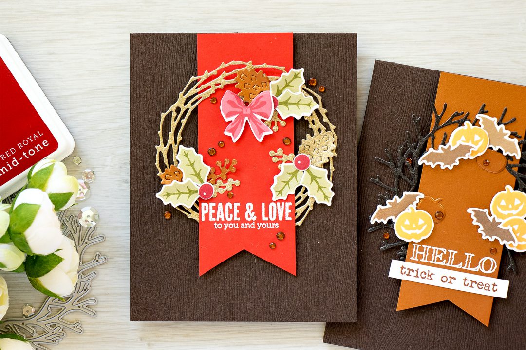 Simple Wreath Cards. Hero Arts September My Monthly Hero Kit - Trick or Treat Card and Christmas Card by Yana Smakula