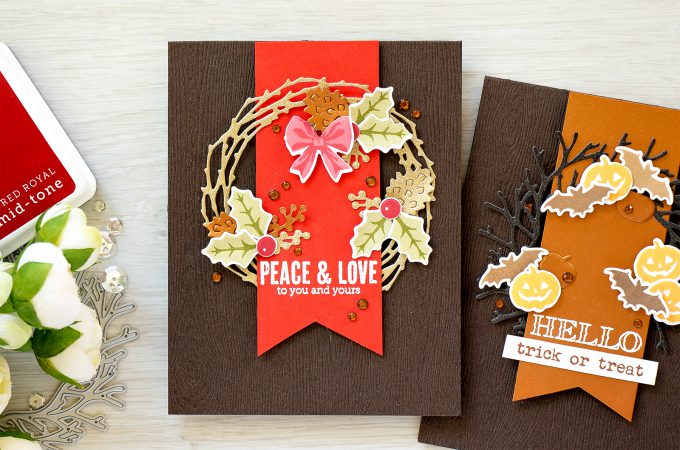Simple Wreath Cards. Hero Arts September My Monthly Hero Kit - Trick or Treat Card and Christmas Card by Yana Smakula