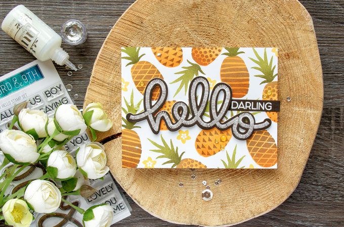 Concord & 9th | Pineapple Stamped Background and die cut Hello card. SAY HELLO STAMP SET. POP ART PINEAPPLE