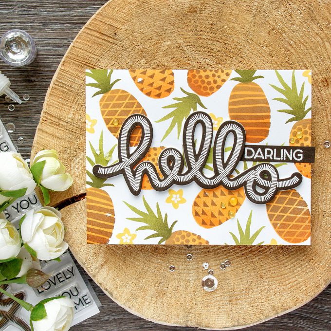 Concord & 9th | Pineapple Stamped Background and die cut Hello card. SAY HELLO STAMP SET. POP ART PINEAPPLE 