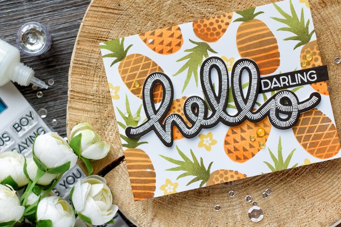 Concord & 9th | Pineapple Stamped Background and die cut Hello card. SAY HELLO STAMP SET. POP ART PINEAPPLE 