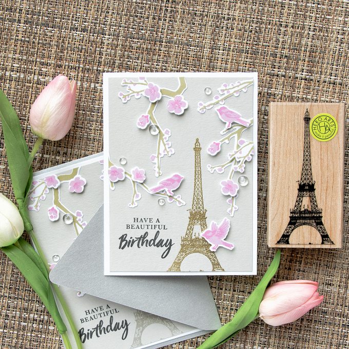 Hero Arts | Spring in Paris Birthday Card using Birds & Blossoms & Eiffel Tower Stamps