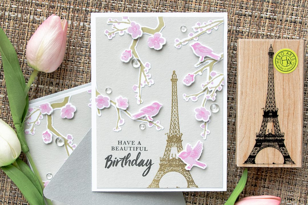 Hero Arts | Spring in Paris Birthday Card using Birds & Blossoms & Eiffel Tower Stamps