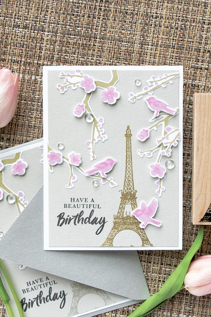 Hero Arts | Spring in Paris Birthday Card using Birds & Blossoms & Eiffel Tower Stamps