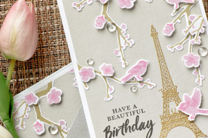 Hero Arts | Spring in Paris Birthday Card using Birds & Blossoms & Eiffel Tower Stamps