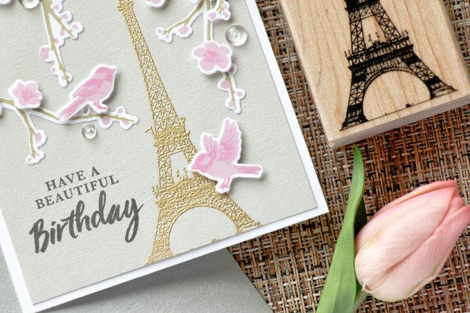 Hero Arts | Spring in Paris Birthday Card using Birds & Blossoms & Eiffel Tower Stamps