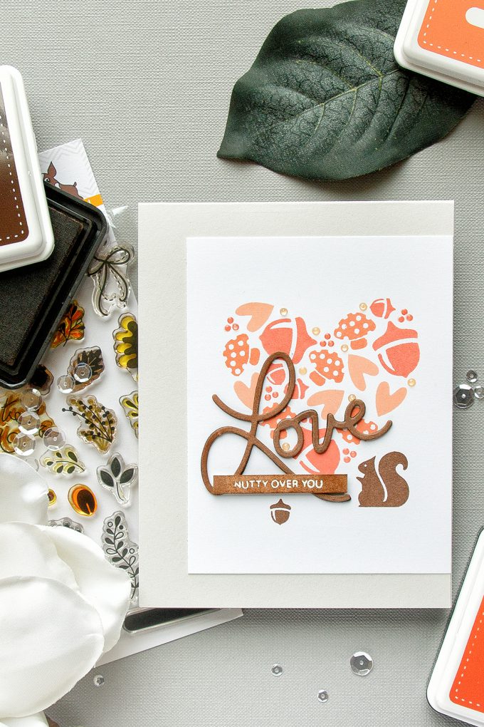 Simon Says Stamp | Nutty Over You - Acorn Valentine's Day Card by Yana Smakula. Love Card. Handmade Card. Stamped Squirrel & Acorn. Acorn Heart. Mushroom Heart
