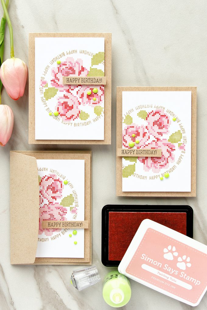 Simon Says Stamp | Stamped Cross Stitched Roses with Waffle Flower stamps