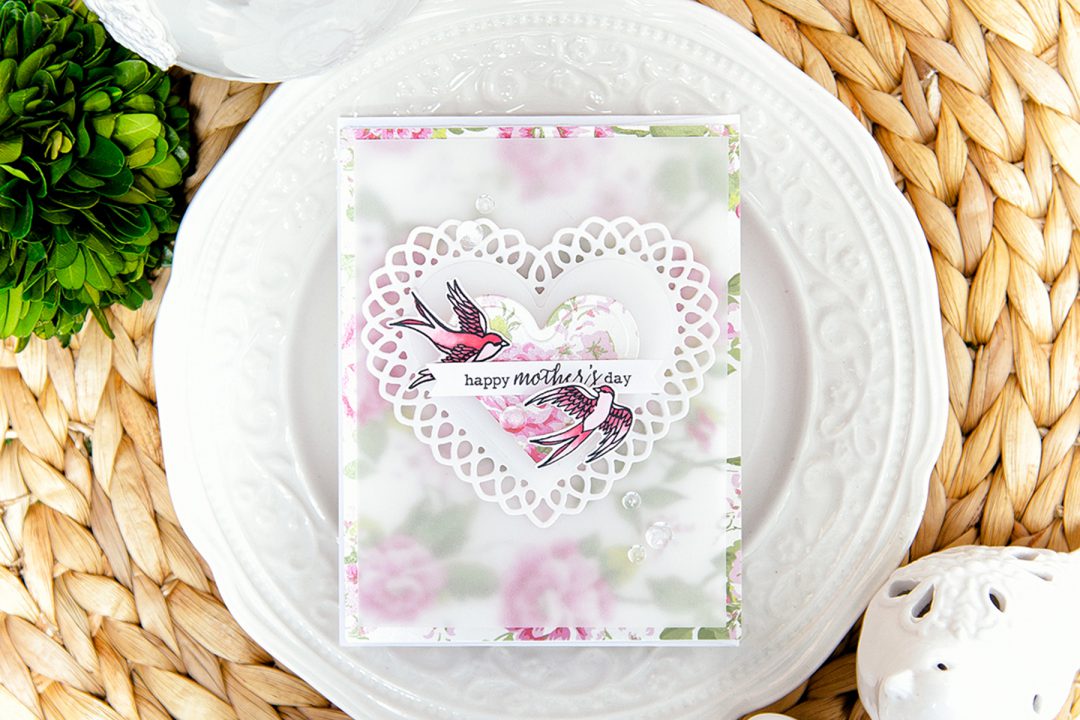 Spellbinders | Simple Layered Mother's Day Card using S4-136 Nestabilities Classic Heart Etched Dies, S5-204 Shapeabilities Lace Hearts Etched Dies, SDS-065 Swallow Stamp And Die Set From The Spring Love Collection By Stephanie Low