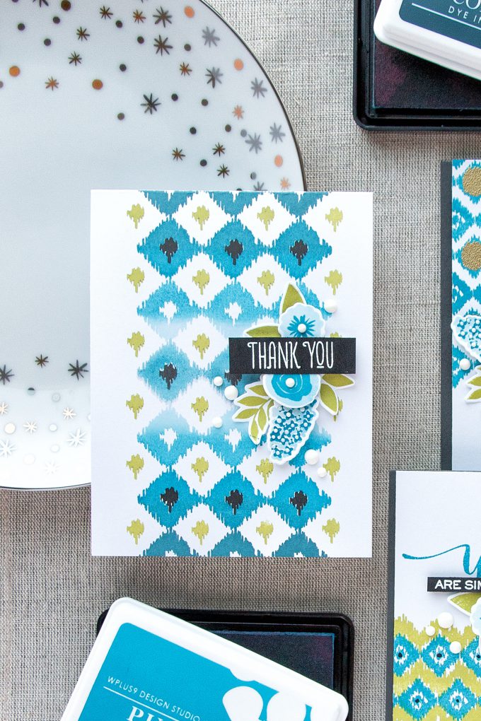 WPlus9 | A Background Study: Ikat. Floral Thank You cards by Yana Smakula using WPlus9 Borders & Backgrounds 1 Stamps, Fresh Cut Flowers Stamps and Hand Lettered Thanks Stamps 