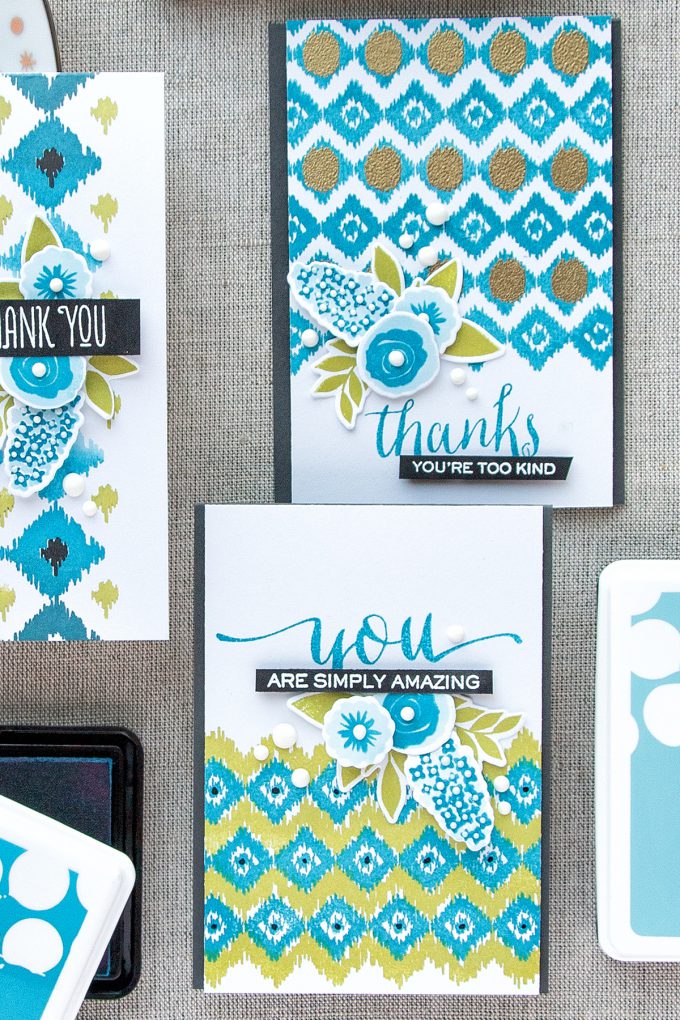 WPlus9 | A Background Study: Ikat. Floral Thank You cards by Yana Smakula using WPlus9 Borders & Backgrounds 1 Stamps, Fresh Cut Flowers Stamps and Hand Lettered Thanks Stamps 