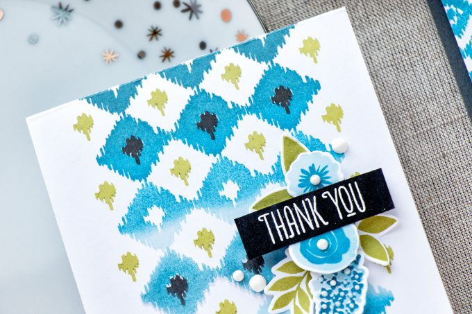 WPlus9 | A Background Study: Ikat. Floral Thank You cards by Yana Smakula using WPlus9 Borders & Backgrounds 1 Stamps, Fresh Cut Flowers Stamps and Hand Lettered Thanks Stamps 