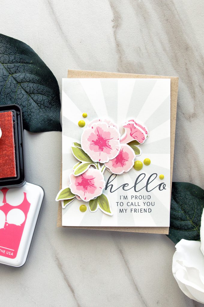 WPlus9 | Petunia Builder Hello I'm Proud To Call You My Friend card. Color layering petunia card by Yana Smakula