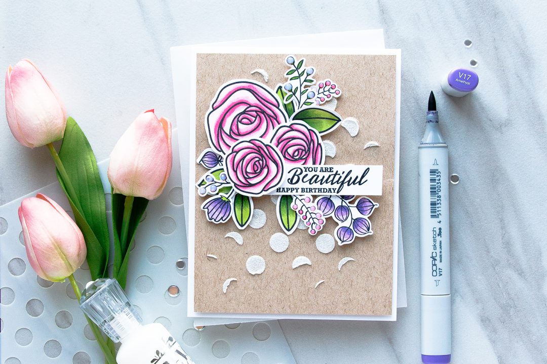 Simon Says Stamp | Floral Birthday Card with Sketch Ranunculus. Project by Yana Smakula