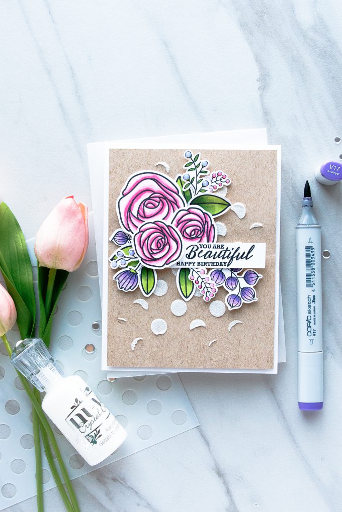 Simon Says Stamp | Floral Birthday Card with Sketch Ranunculus. Project by Yana Smakula