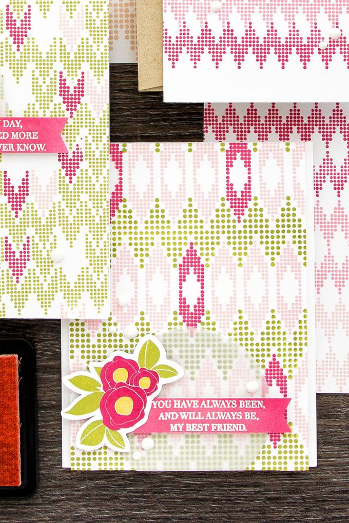 WPlus9 | A Background Study (Take Two): Chevron. Stamped feminine cards by Yana Smakula using WPlus9 Borders & Backgrounds 4,  Spring Blooms and Strictly Sentiments 4 Stamps