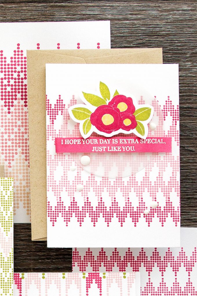 WPlus9 | A Background Study (Take Two): Chevron. Stamped feminine cards by Yana Smakula using WPlus9 Borders & Backgrounds 4,  Spring Blooms and Strictly Sentiments 4 Stamps