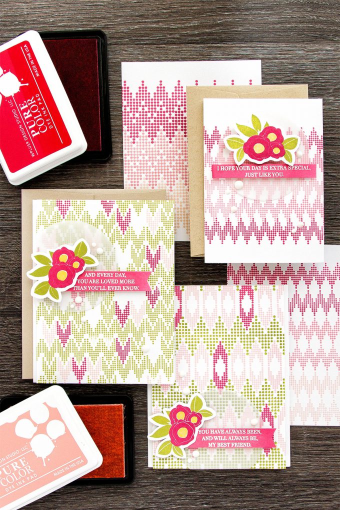 WPlus9 | A Background Study (Take Two): Chevron. Stamped feminine cards by Yana Smakula using WPlus9 Borders & Backgrounds 4,  Spring Blooms and Strictly Sentiments 4 Stamps