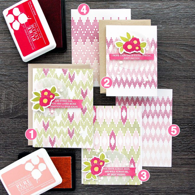 WPlus9 | A Background Study (Take Two): Chevron. Stamped feminine cards by Yana Smakula using WPlus9 Borders & Backgrounds 4,  Spring Blooms and Strictly Sentiments 4 Stamps